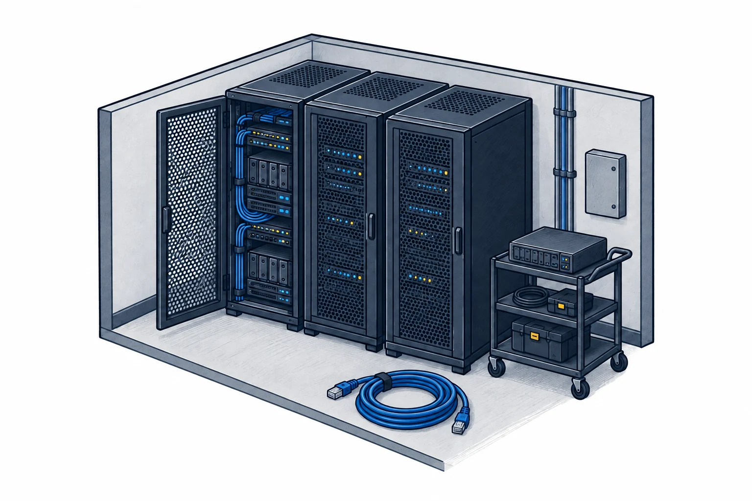 Ilustración de racks de servidores y equipamiento de un datacenter